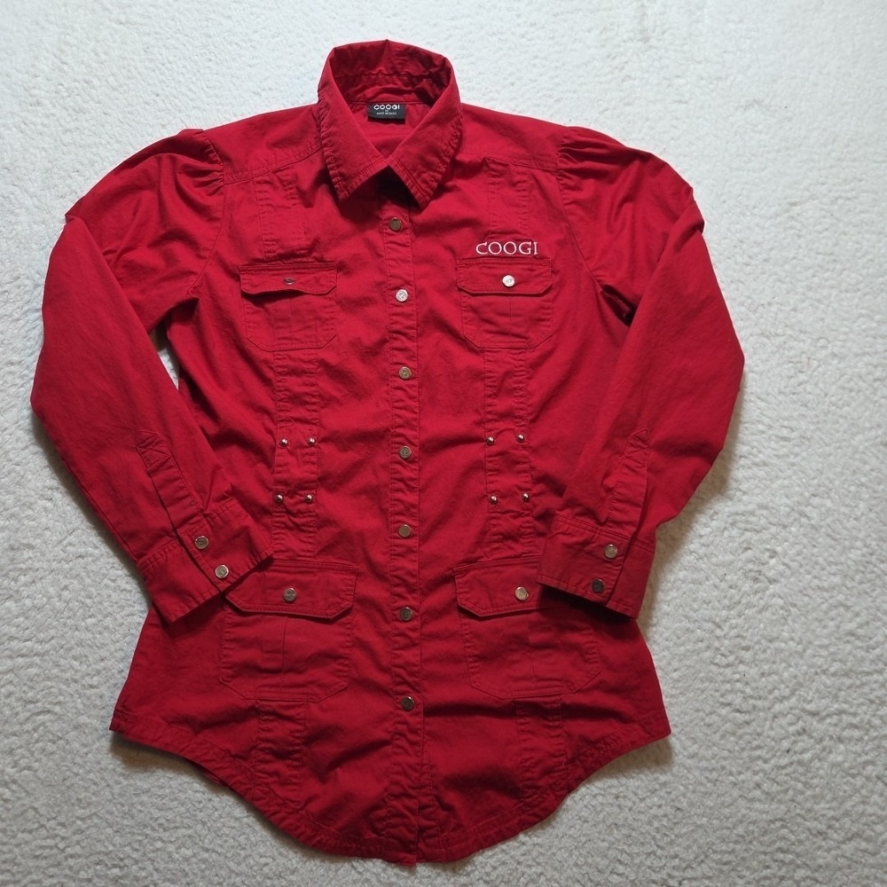 COOGI Vintage Womens Size M Rhinestone Logo Shirt‎ in Red Snap Front Long Sleeve